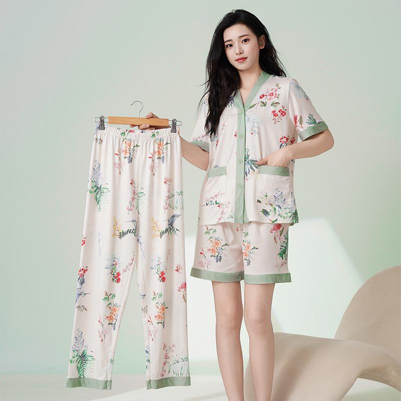 Women's Plus Size Summer Pajama Set - 3 Piece: Short Sleeve Top, Long Pants, Light Ice Silk, Outdoor Wearable, High-End Feel.