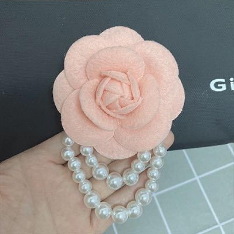Elegant Retro French Camellia Brooch: Black & White Fabric with Pearl Accents