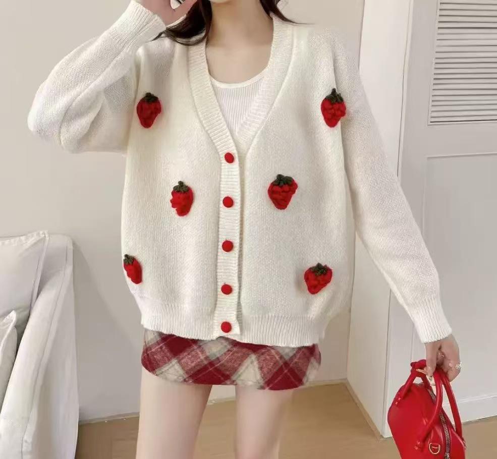 Autumn-Winter Strawberry Flower V-Neck Knit Sweater for Women