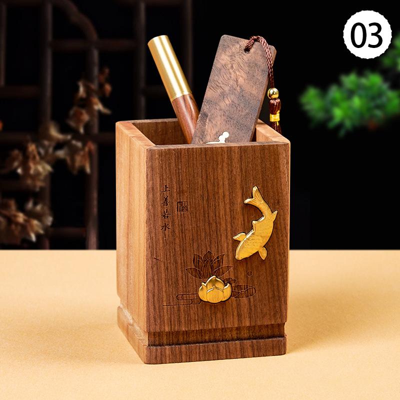 1pc Solid Wood Pen Holder Light Luxury Office Desk Storage Box Vintage National Style Home Office Ornaments Holiday Gifts
