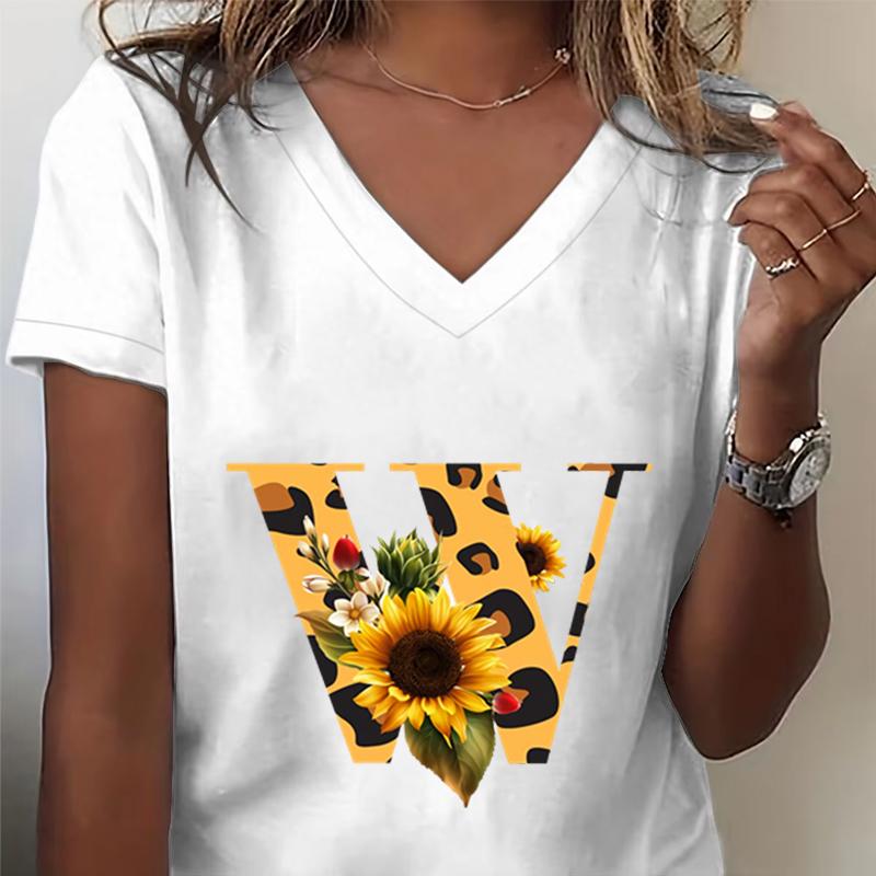 Unisexs Vneck Tshirt Sunflower Leopard Print Letter R Graphic Tee Watercolor Flower Leopard Print Tshirts Az 26 Alphabet Top