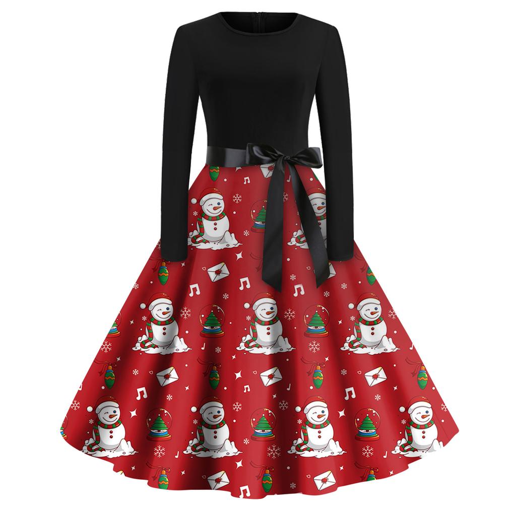 Christmas Print Flare Dress For Women Long Sleeve Dress Hollow Party Casual Dresses