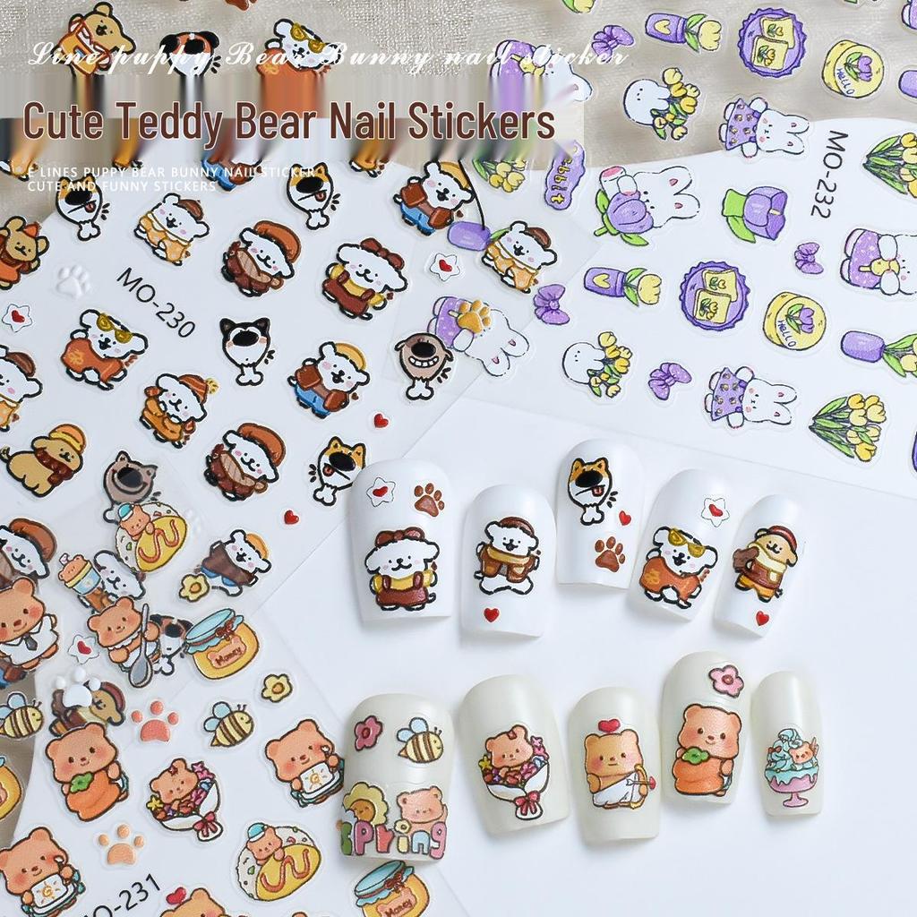 3D Embossed Nail Stickers - Cute Bear, Tulip, Rabbit, Small Flowers Decals