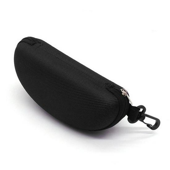 Portable Black Sunglasses Case with Zipper, Strap Hook, and Printed Design