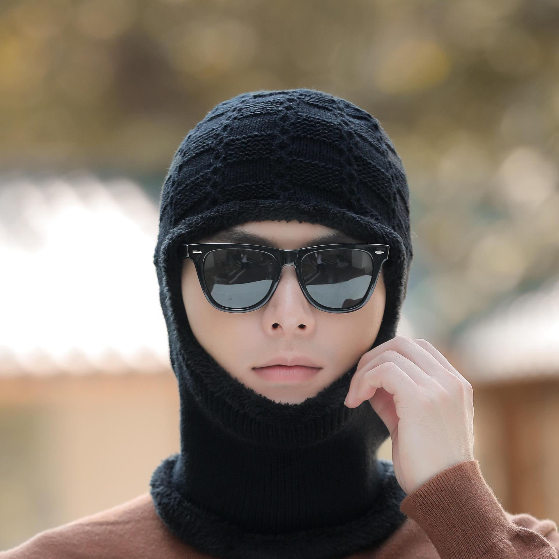 

Autumn and Winter Plus Velvet Hood Men s Knitted Hat Scarf One Piece Ear Protection Beanie Hat one size