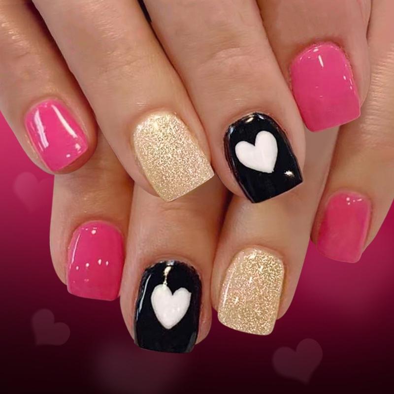 Romance Glossy Artificial Nail 24PCS Valentine Design Pink Glitters Hearts Pattern Short Square Shape Artificial Nail 1
