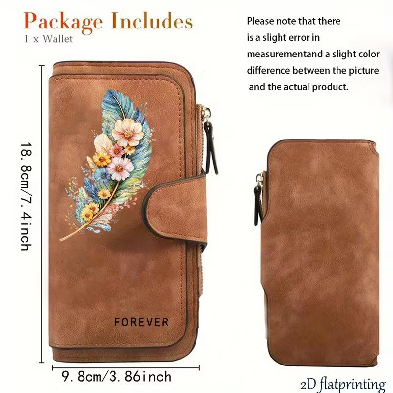 Feather and floral pattern women's long wallet| Multifunctional portable snap-button coin purse, birthday gift, suitable for daily commuting, with a