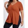 Summer Women's T-shirt Solid Colour Plus Size Women's Tops V-neck Pit Stripes Short-sleeved Open Sleeve Pullover T-shirt