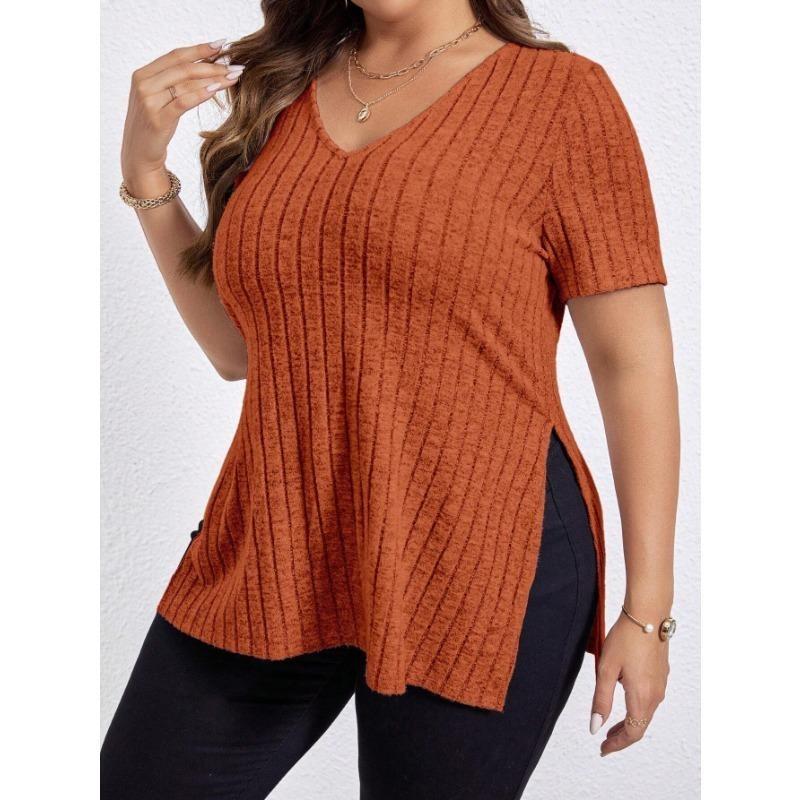 Summer Women's T-shirt Solid Colour Plus Size Women's Tops V-neck Pit Stripes Short-sleeved Open Sleeve Pullover T-shirt