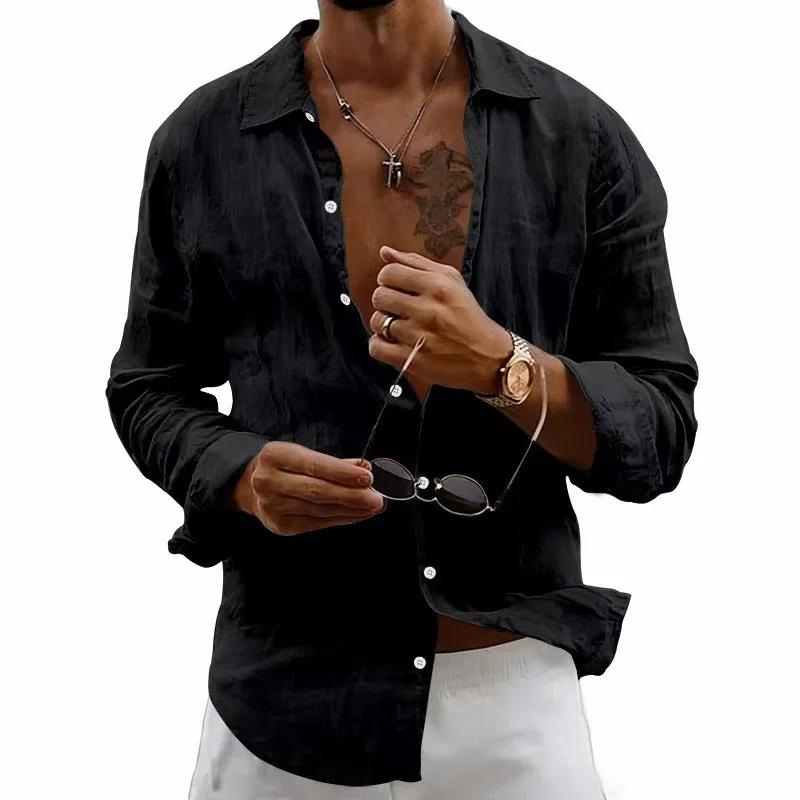 Spring Summer Men's Loose Casual Shirts Solid Color Lightweight Loose Lapel Cardigan-Style Linen Long-Sleeve Shirt