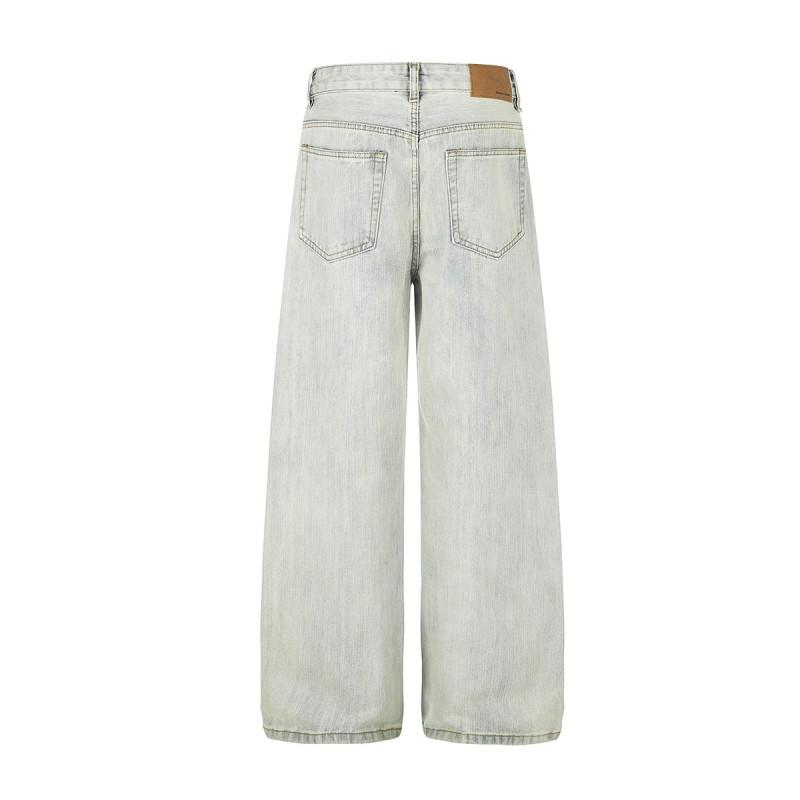 Mens Relaxed Fit Straight Leg Denim Pants Vintage Washed Light Blue Cotton Jeans Casual Wear