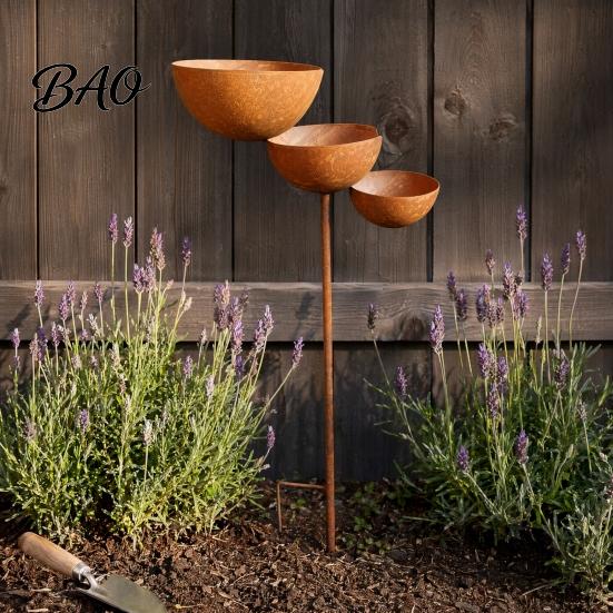 Metal Bird Feeder Stake 3 Tiered Cascading Rain Catcher Bath, Garden Water Stable Post Bowl Feeder, Outdoor Pollinator Watering Station for