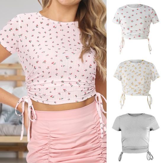 

Футболка однотонная/цветочная с принтом, тонкая блузка, женская укороченный топ с круглым вырезом и короткими рукавами на шнуровке для