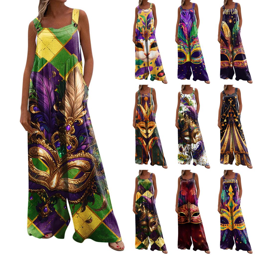 Wide Leg Overalls For Women Casual Loose Sleeveless Print Button Long Pant Romper Jumpsuit With Pockets