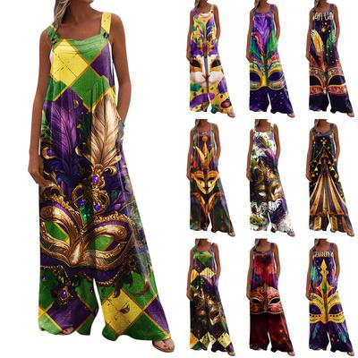 Wide Leg Overalls For Women Casual Loose Sleeveless Print Button Long Pant Romper Jumpsuit With Pockets