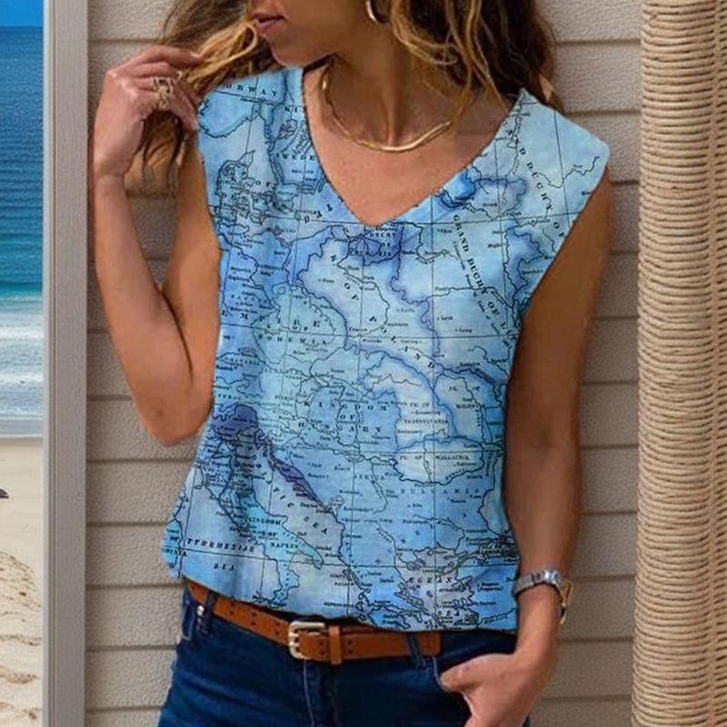 Women Summer Map Printed V Neck Sleeveve Casual T-shirt Top