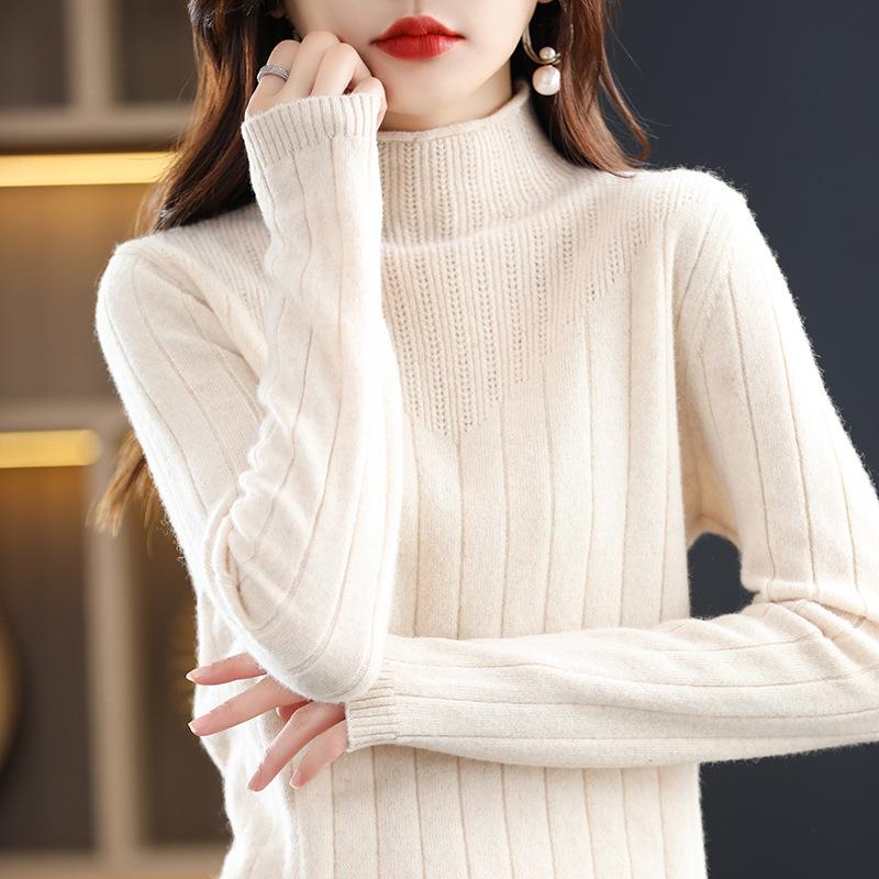 Women's Thickened Half-High Collar Pure Wool Sweater - Loose Knit Base Layer for Autumn/Winter