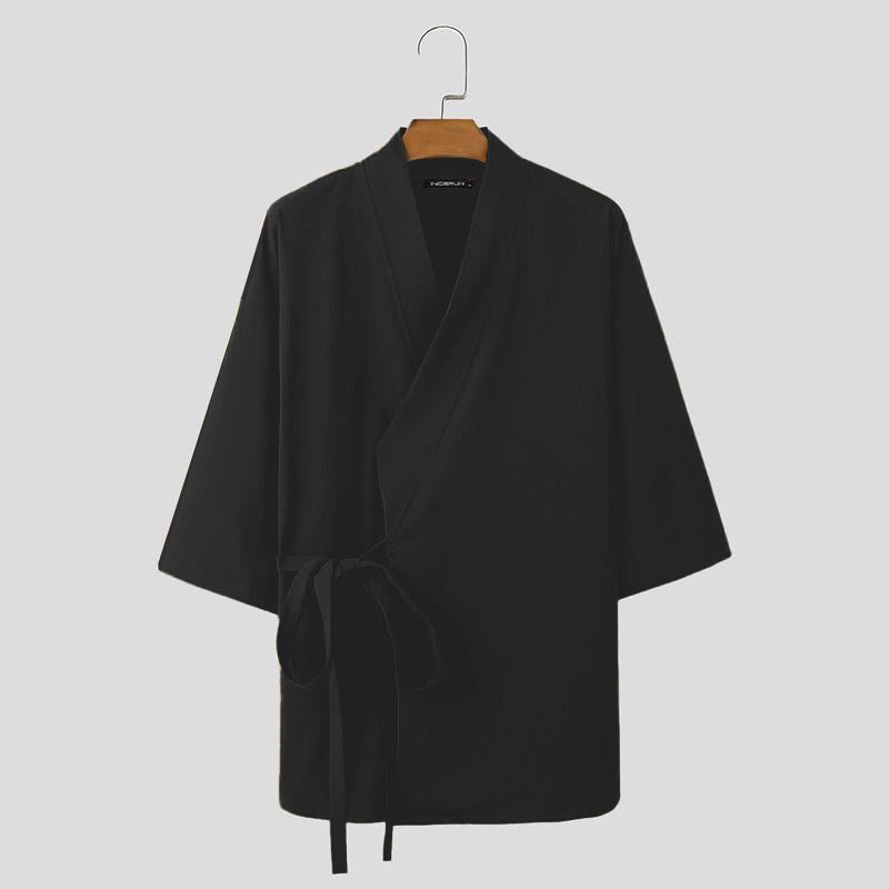 INCERUN Hauts à manches 3/4 pour hommes, chemises kimono amples et décontractées à lacets sur le devant