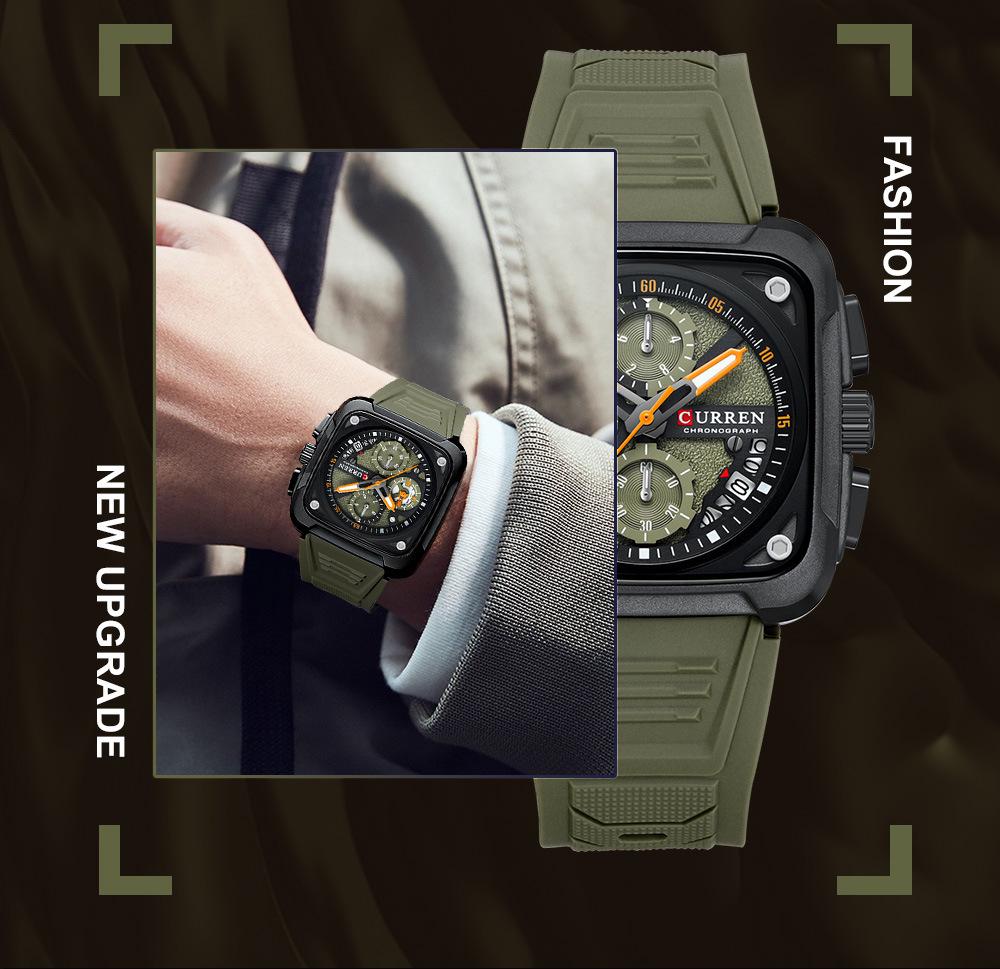 CURREN 8461 Men's Square Sports Watch with Silicone Strap and Multifunctional Six-Needle Calendar