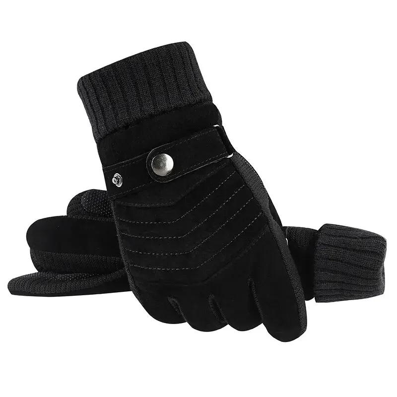 Gloves Men's Winter Cycling Motorcycle Windproof Cold Insulation Warm Leather Touch Screen Anti-Slip Thick Pile Black Gloves