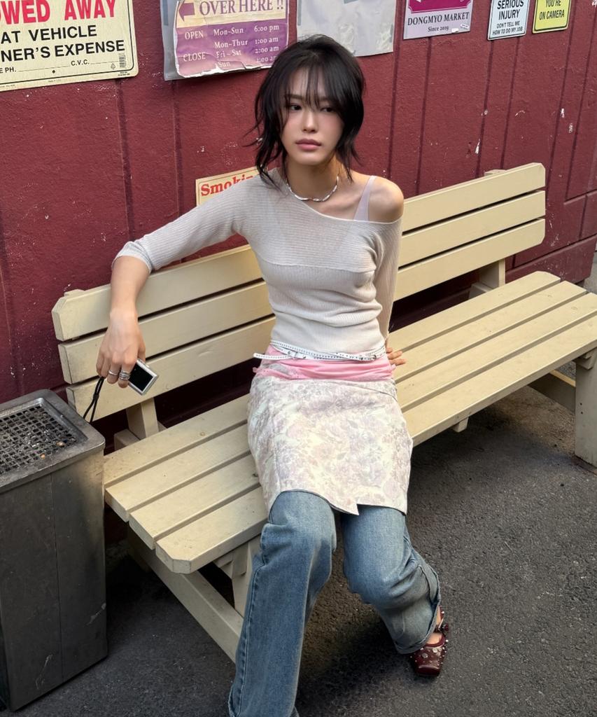 MILLO WOMEN Sheer 3/4 Sleeve Knit Top [Ash Beige]