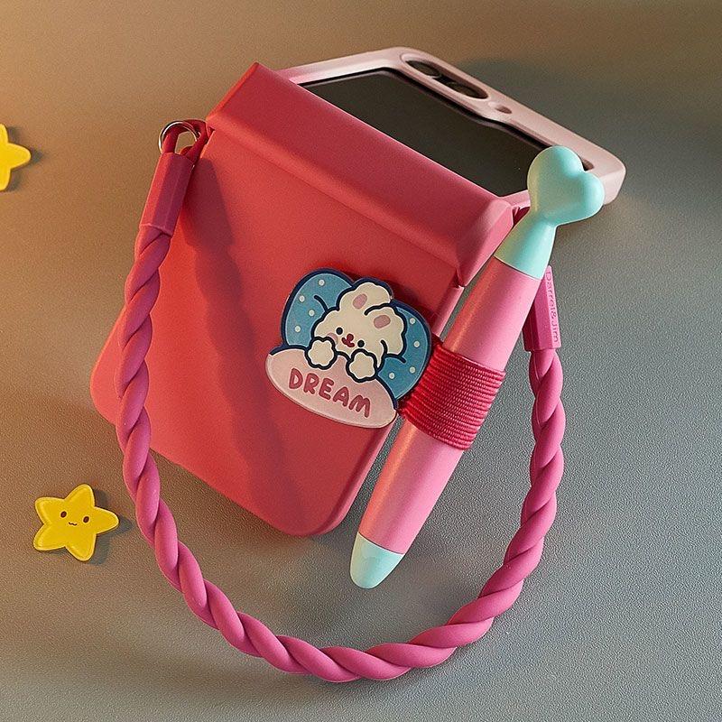 Etui do Samsung z flip6 Urocze Etui na Telefon do Samsung Galaxy Z Flip6 ze Stylusem, Kawaii Etui z flip 6 3D Królik Senny Kolor Czerwony Różowy Pokrowiec
