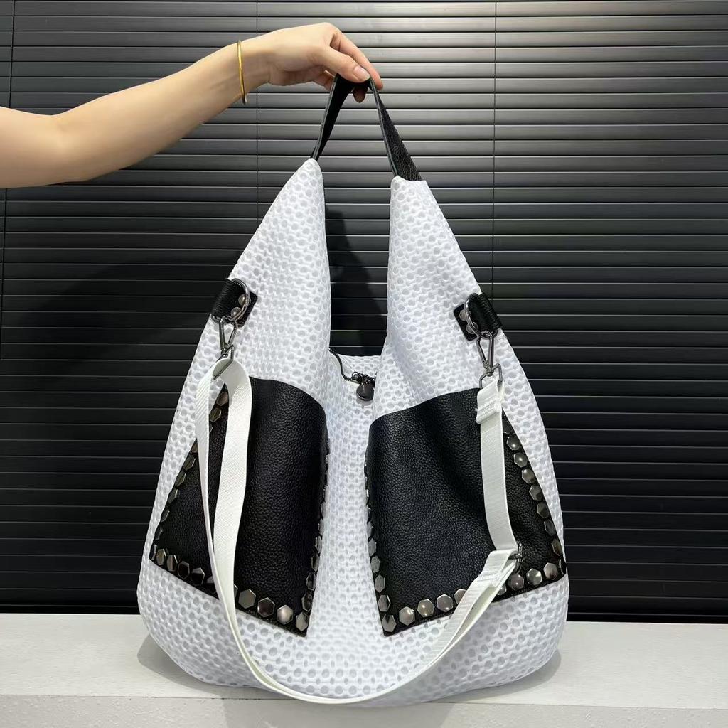 Women'S Mesh Splicing Leather Bucket Bag Large Capacity Retro Personalized Shoulder Bag