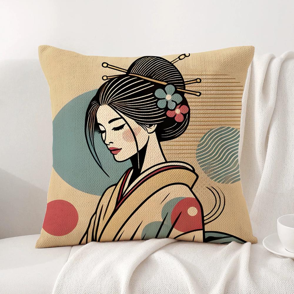 Classic Retro Japanese Lady Cushion Cover Natural Linen Organic Fabric DoubleSided Printing Sofa Home Decor Breathable