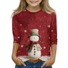 Christmas Day Print Tops For Youth Girls 4-11 Years Round Neck 3/4 Sleeves T-Shirts Trendy Tops Outfit Tees