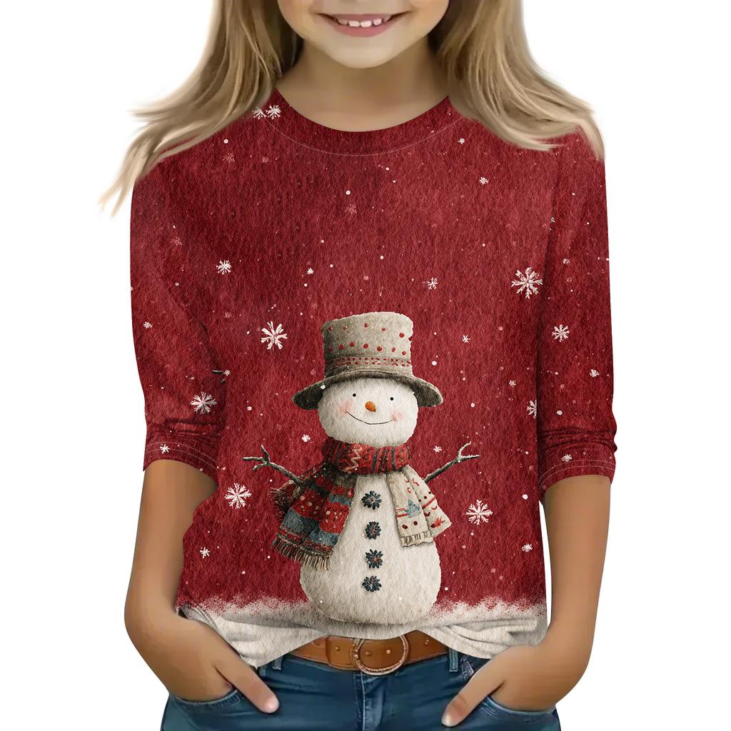 Christmas Day Print Tops For Youth Girls 4-11 Years Round Neck 3/4 Sleeves T-Shirts Trendy Tops Outfit Tees