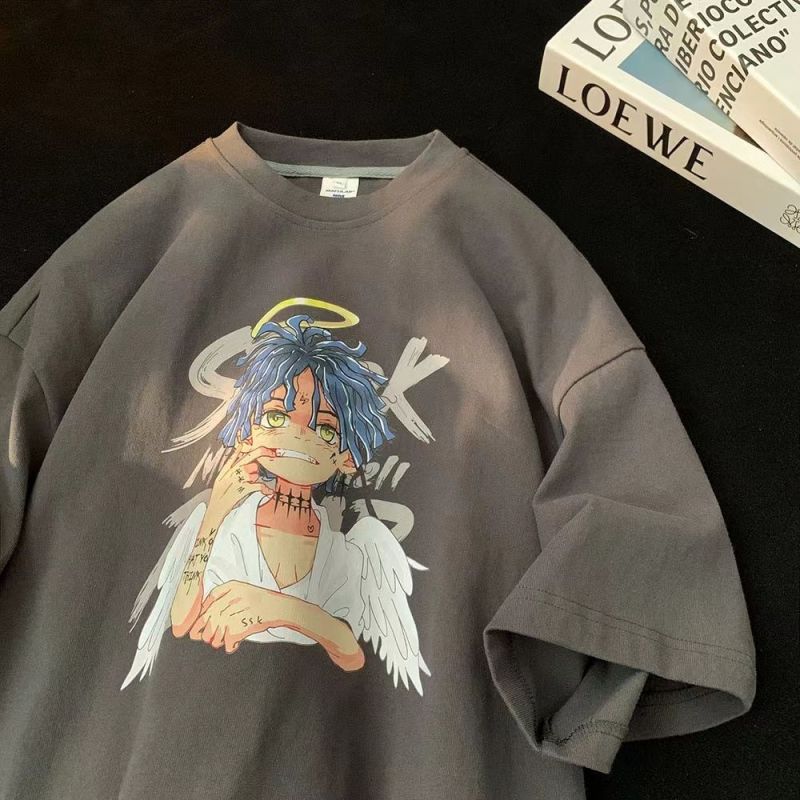 Летняя футболка с короткими рукавами, мужская модная свободная одежда с принтом для пар, футболка с половиной рукавов в гонконгском стиле 2XL  темно-серого