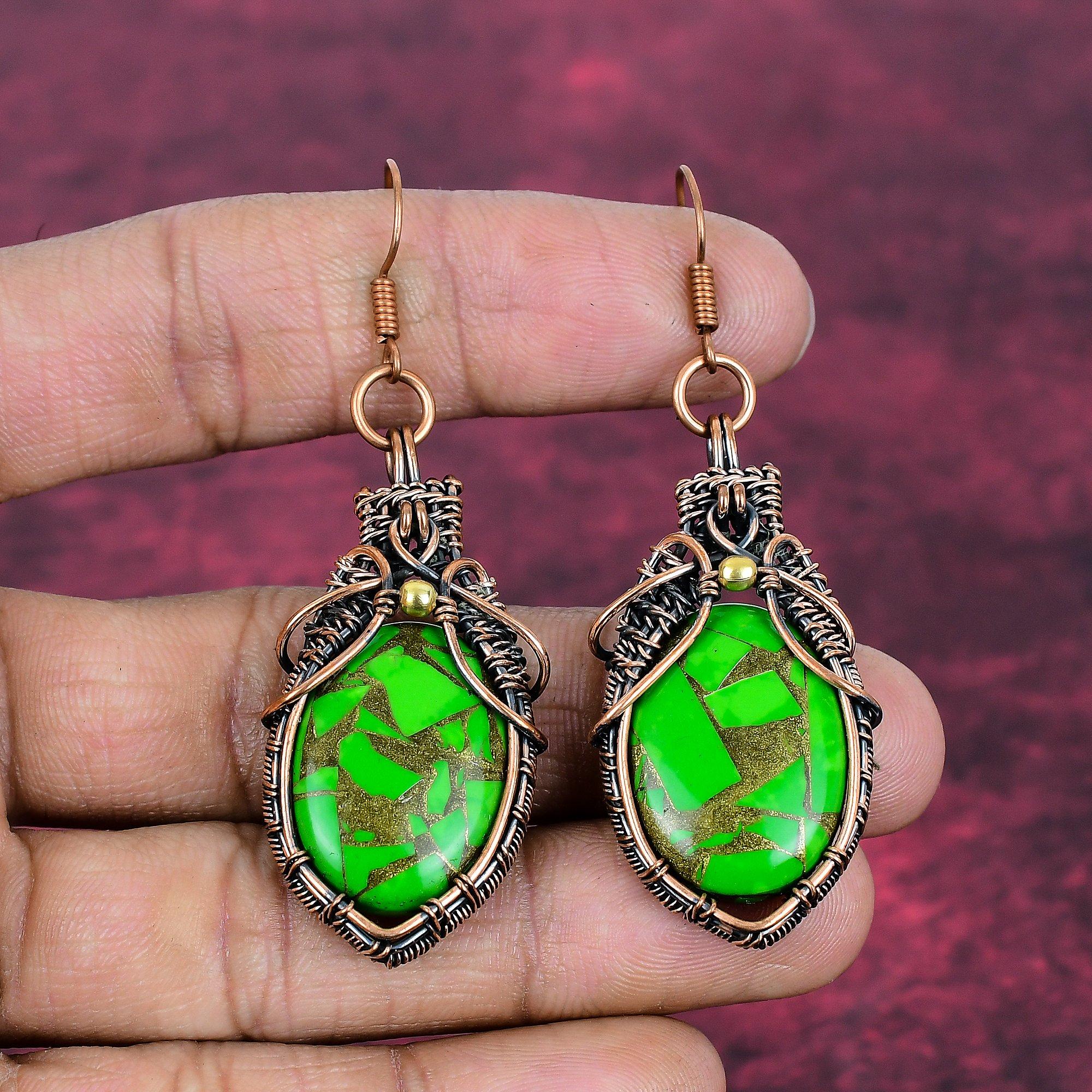 Copper Green Turquoise Gemstone Earrings Copper Wire Wrapped Jewelry Drop Earring