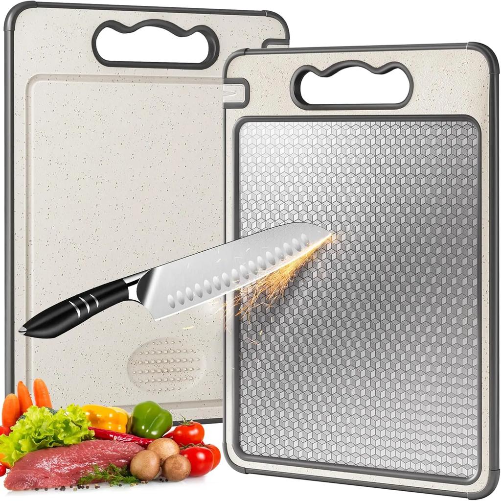 1pc Kitchen Stainless Steel Cutting Board Food Grade Double Sided Chopping Board Anti-Slip Silicone Edges Wheat Straw Board