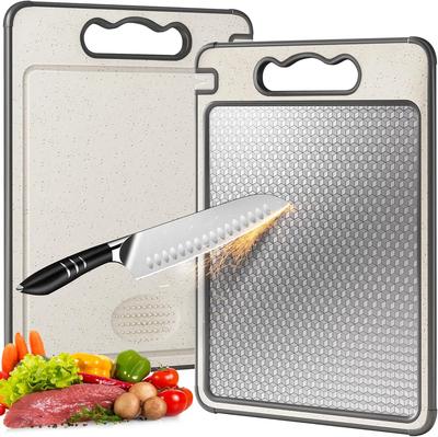 1pc Kitchen Stainless Steel Cutting Board Food Grade Double Sided Chopping Board Anti-Slip Silicone Edges Wheat Straw Board