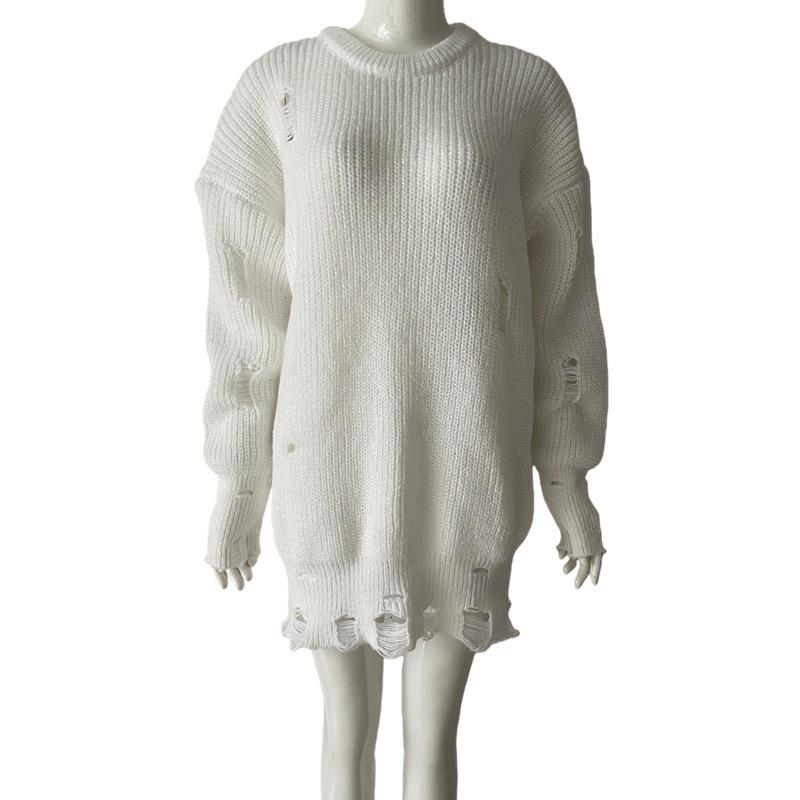 Women's Autumn/Winter Solid Color Ripped Knit Sweater Dress - Round Neck, Long Sleeve, Mid-Length Pullover