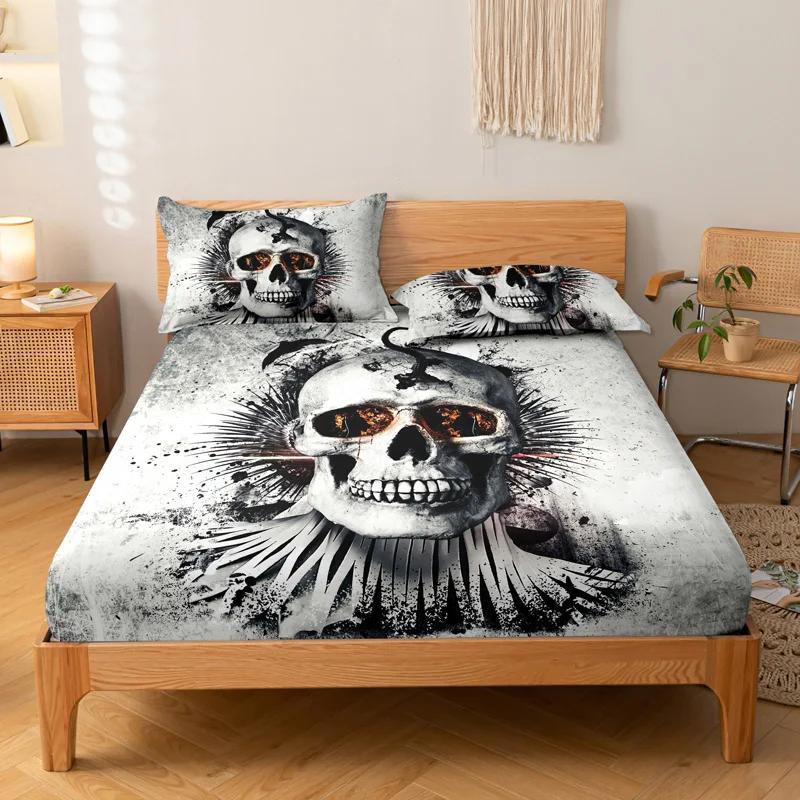 3-piece Simple Modern Skull Animal Pattern Digital Printing Three Piece Fitted Sheet Set, Bedroom Printed Bed Cover Set, Bedding