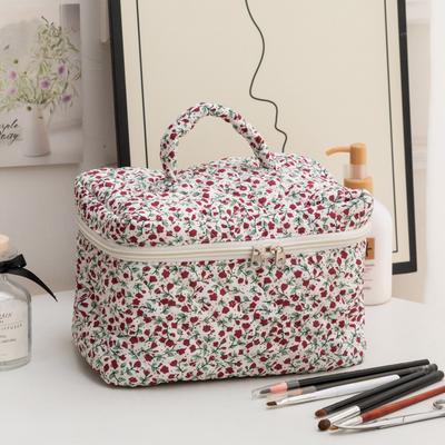 3Pcs Floral Makeup Bag Cotton Quilted Cosmetic Bag Large Capacity Makeup Organizer Storage Bag with Zipper for Women and Girls