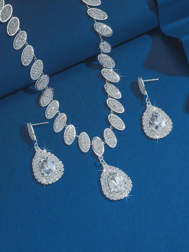 Elegant Diamond Earrings & Necklace Set - Luxury Jewelry for Ladies, Perfect for Dinner and Weddings, European & American Style.