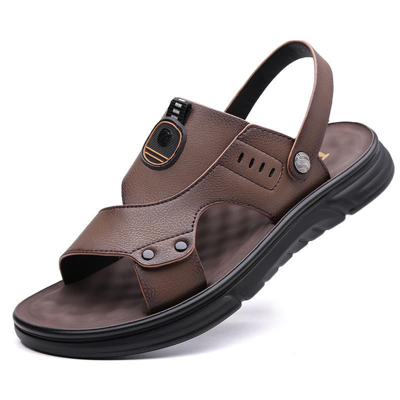 Sandals Men's New Beach Shoes Cowhide Slippers Outdoor Non-slip Thick-soled Leather Sandals for Man Non-slip Cover Toe Fashion C