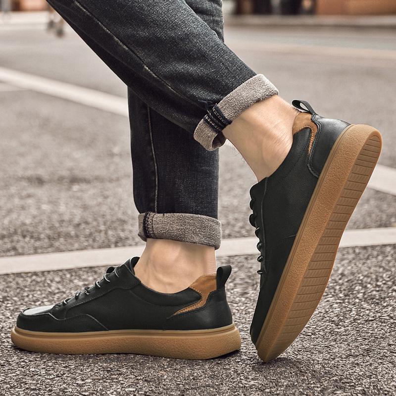 Fashion Genuine leather men's board shoes Trendy minimalist design style Daily outdoor leisure walking and exercise Handsome Black shoes