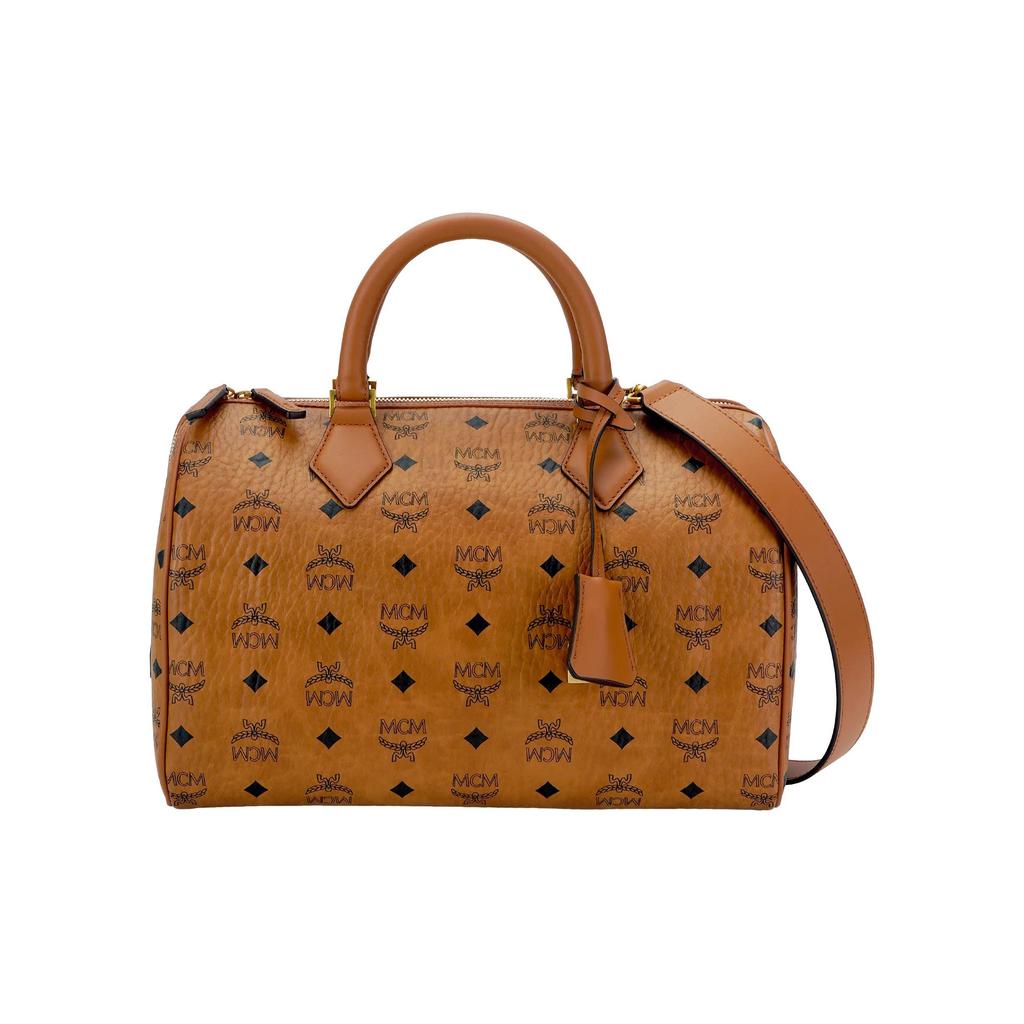 MCM Ella Padlock Detail Adjustable Detachable Shoulder Strap Canvas and Leather Boston Bag Tote Shoulder Crossbody Travel Bag Women's Brown