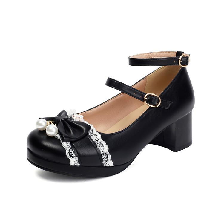 

Pearl bow sweet Mary Jane shoes new large size shoes thick medium heel single shoes 39 чёрный