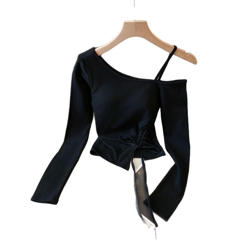 Sweet & Spicy Korean One-Shoulder Drawstring Long-Sleeve Slim Fit Women's T-Shirt - Autumn Collection