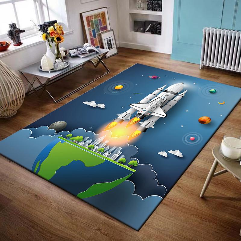 Area Rug Space Shuttle Rocket Launching Earth Paper Cut Style Planets Art Decor for Living Room Bedroom Gift for Men