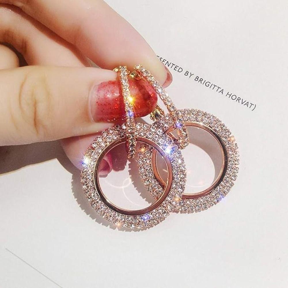 Rhinestone Ear Clips Round Diamond Earrings Elegant Hoop Earrings  Woman Girls