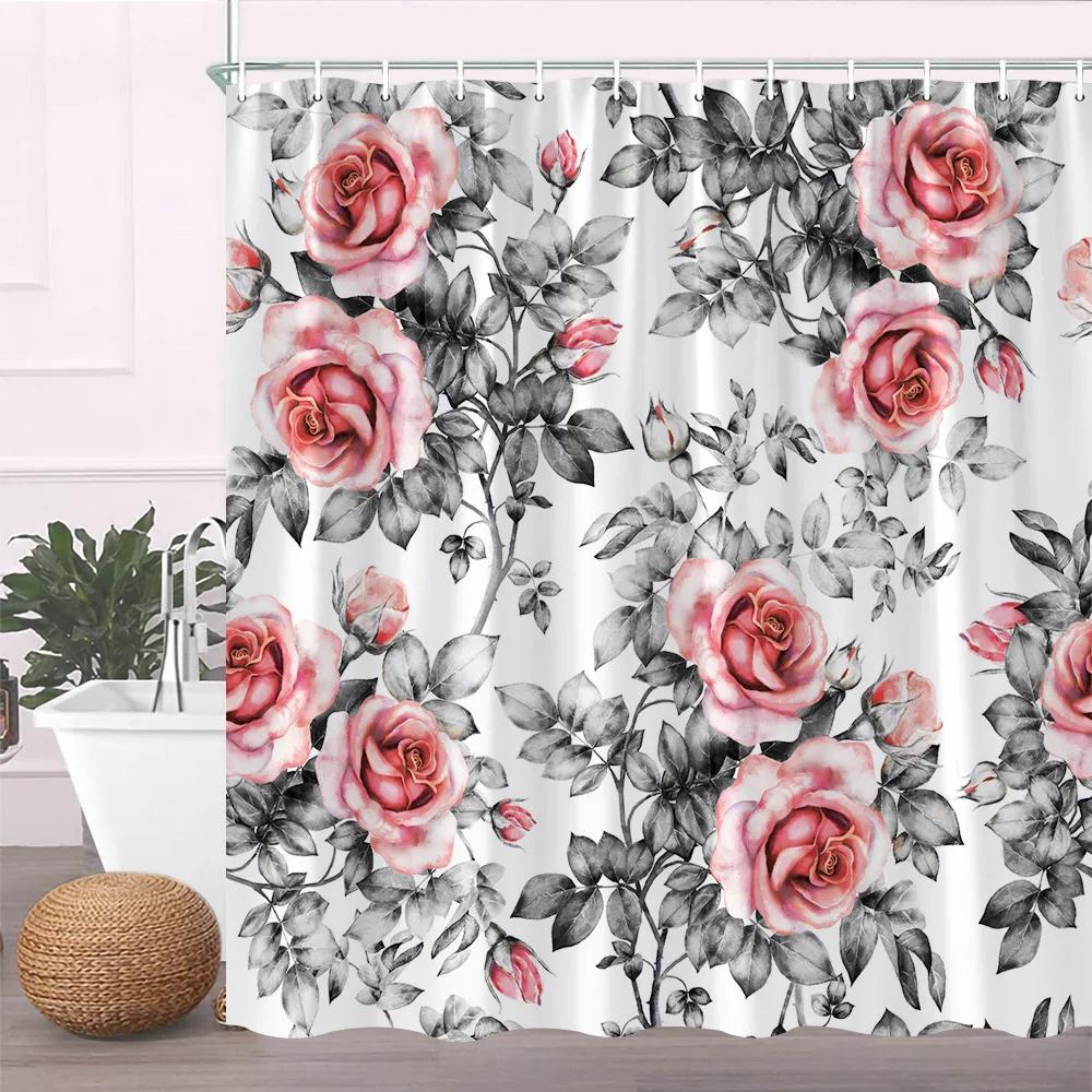 Modern Black Shower Curtain Set With Hooks-Black And White Shower Curtain For Bathroom Fabric Geometric Bath Curtains With Hooks