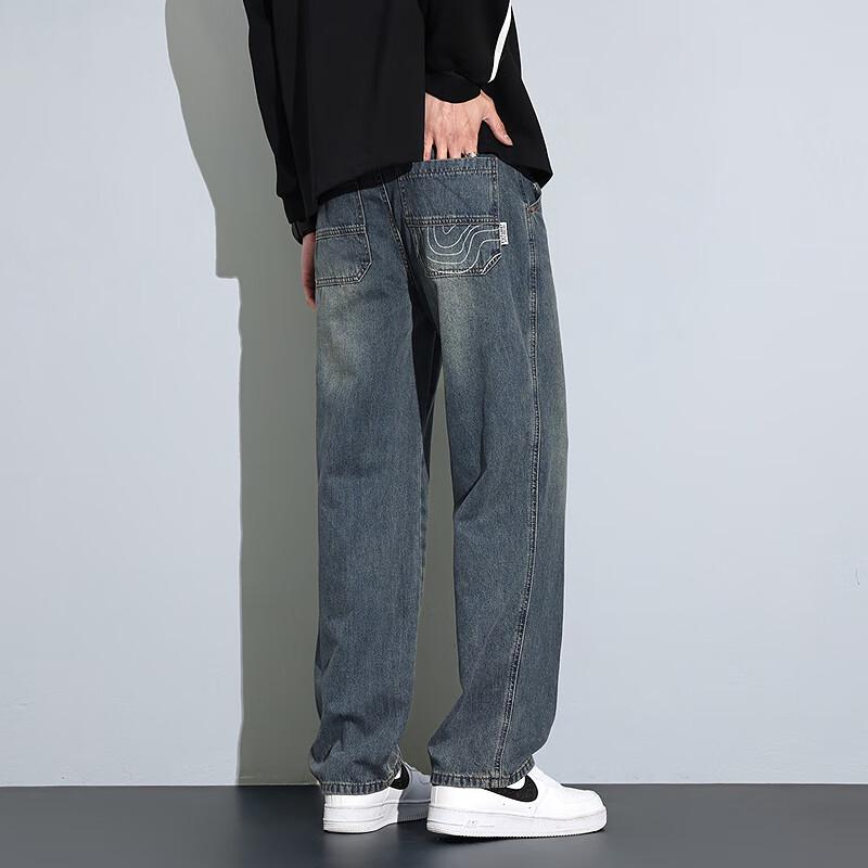 TonLion Men's Washed Retro High-Street Wide-Leg Denim Jeans