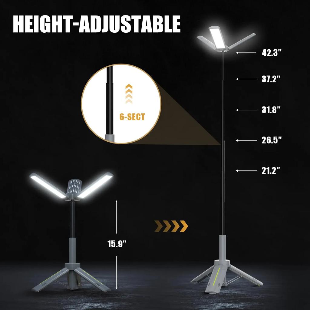 Telescopic Camping Lantern with Stand (40" Tripod) Rechargeable Camping Light 8000mAh & Lantern Flashlight 360° LED Heads