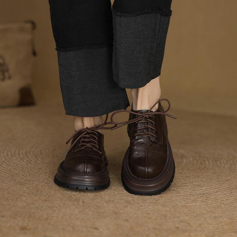 

Four Seasons Leather Black Low Heel Loafers New Comfortable Casual Single Shoes Lace-up Round Head Platform Non-slip Large Size Shoes 40 коричневий