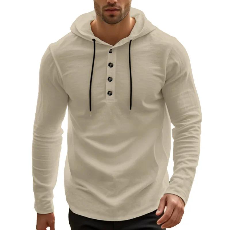 T-shirt con cappuccio da uomo Primavera Estate Lino tinta unita Casual Bottoni Manica lunga Sottile T-shirt Uomo